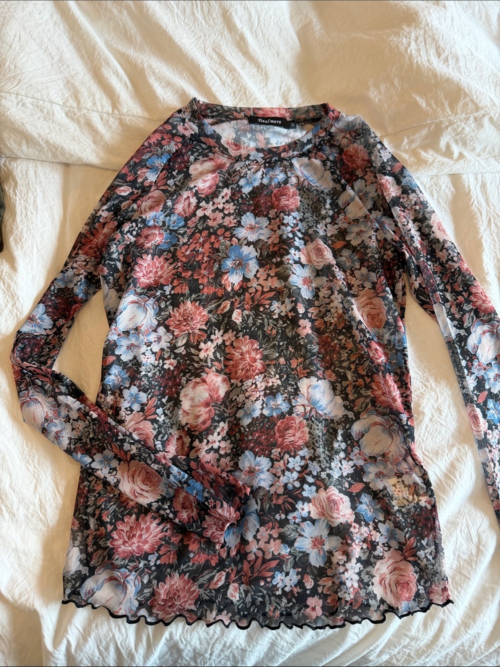 Floral Mesh Long Sleeve Blouse in Black with Pink & Blue Blooms